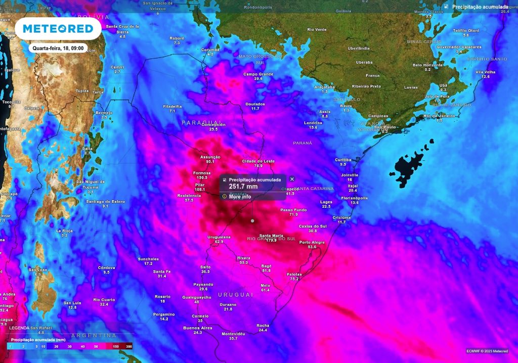 Previsão de chuva acumulada até quarta-feira (18), de acordo com o modelo ECMWF. A escala de cores indica menores volumes acumulados em azul e maiores acumulados em rosa. Previsão de chuva acumulada até quarta-feira (18), de acordo com o modelo ECMWF. A escala de cores indica menores volumes acumulados em azul e maiores acumulados em rosa.