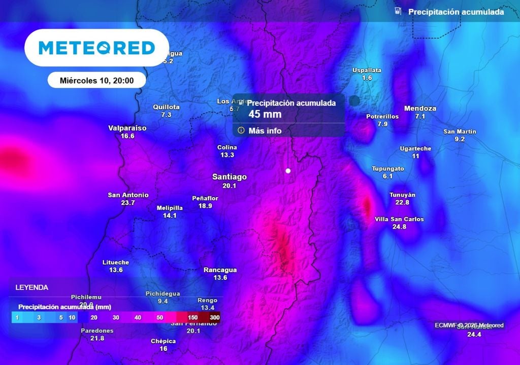 El próximo miércoles un sistema frontal dejaría importantes acumulados de precipitaciones en la RM, según el modelo europeo.
