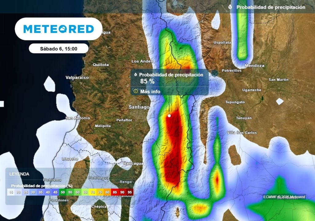 La probabilidad de precipitaciones en zonas cordilleranas supera el 80% este sábado en la RM.