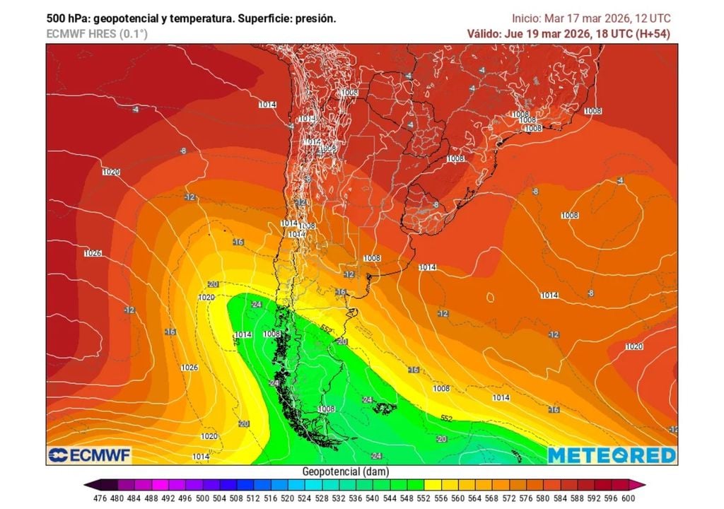 En la troposfera media, la irrupción de una vaguada en altura permitirá la leve disminución de temperatura en superficie durante el jueves.