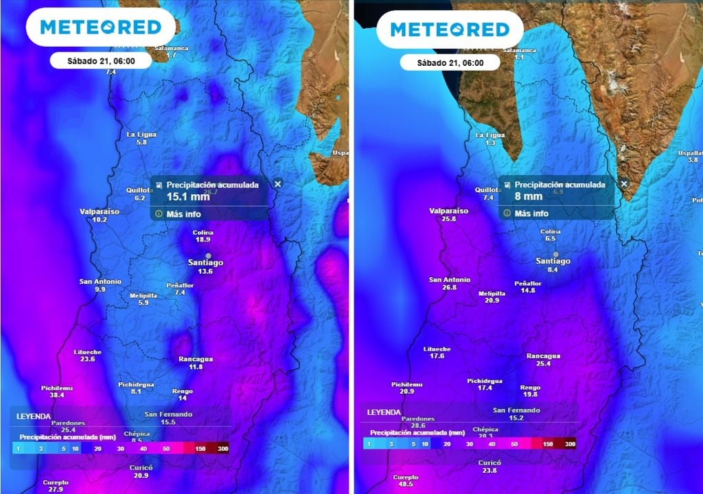 En los mapas se observan los acumulados previstos por el modelo del ECMWF (a la izquierda) y por el modelo GFS (a la derecha) en el centro capitalino.