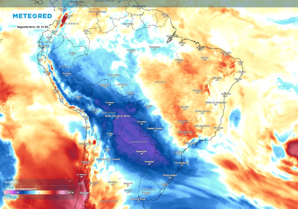 Previsão de anomalias de temperatura na segunda-feira durante a noite.