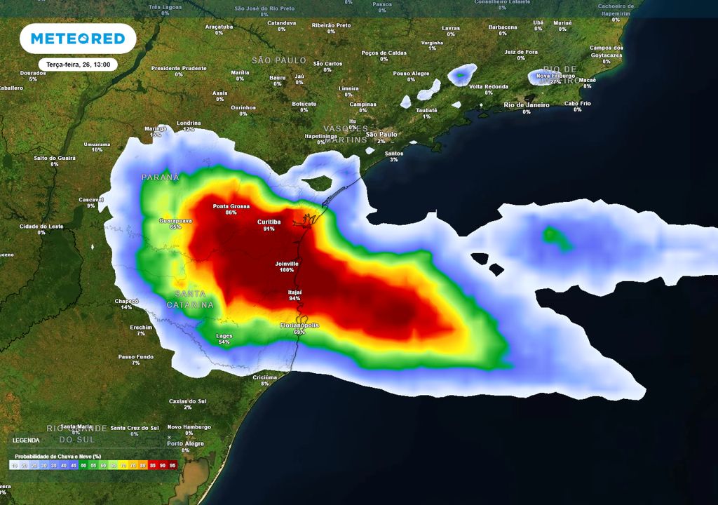 Previsão de probabilidade de chuva na terça-feira durante a tarde.
