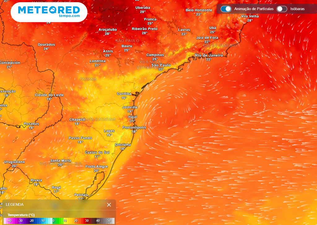 temperatura máxima, previsão, região sul