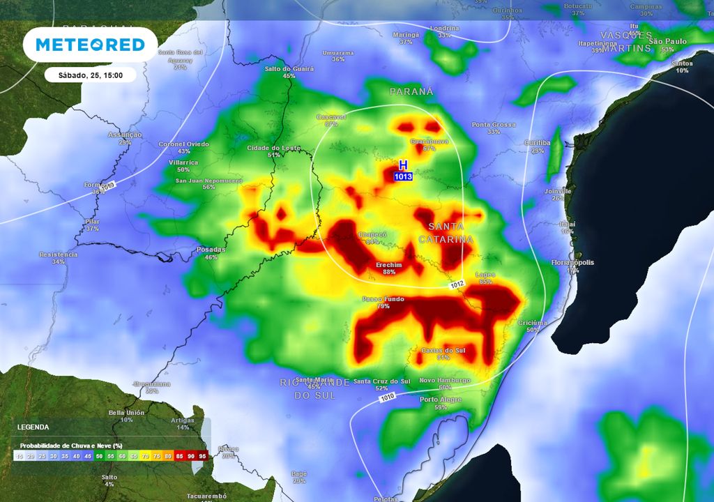 Previsão de probabilidade de chuva no Sábado durante a tarde.