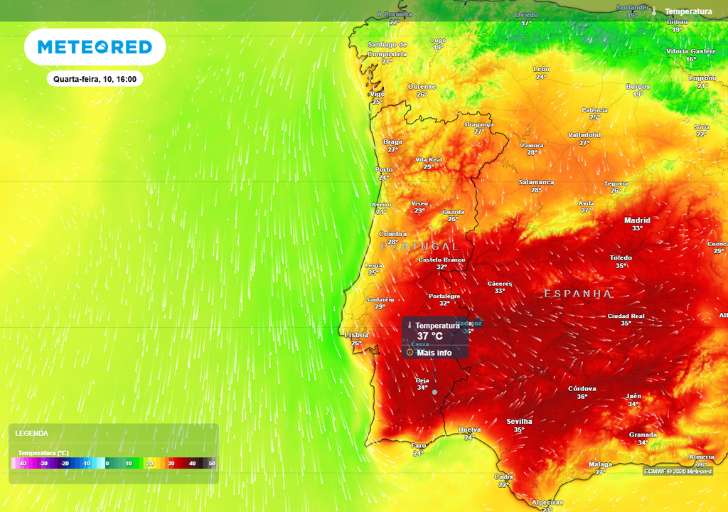 Para quarta-feira, 10 de junho, observa-se um nítido aumento da expressão espacial do calor diurno em Portugal continental, estando previstas temperaturas máximas em torno dos 37 ºC no vale do Guadiana (Baixo Alentejo).