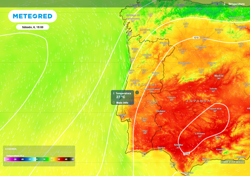 Prevê-se um aumento de 5 ºC da temperatura máxima em Lisboa entre sexta-feira (5) e sábado (6), passando de 22 ºC para 27 ºC.