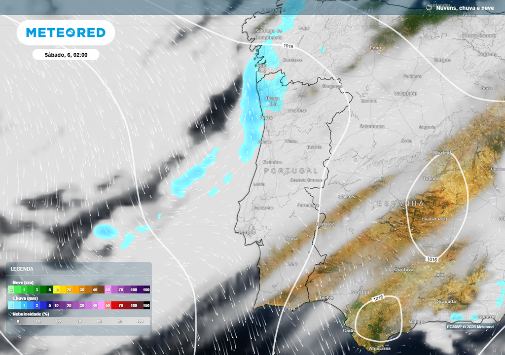 Chuva fraca ou chuviscos previstos para o litoral Norte e Centro durante algumas horas da madrugada de sábado, 6 de junho.