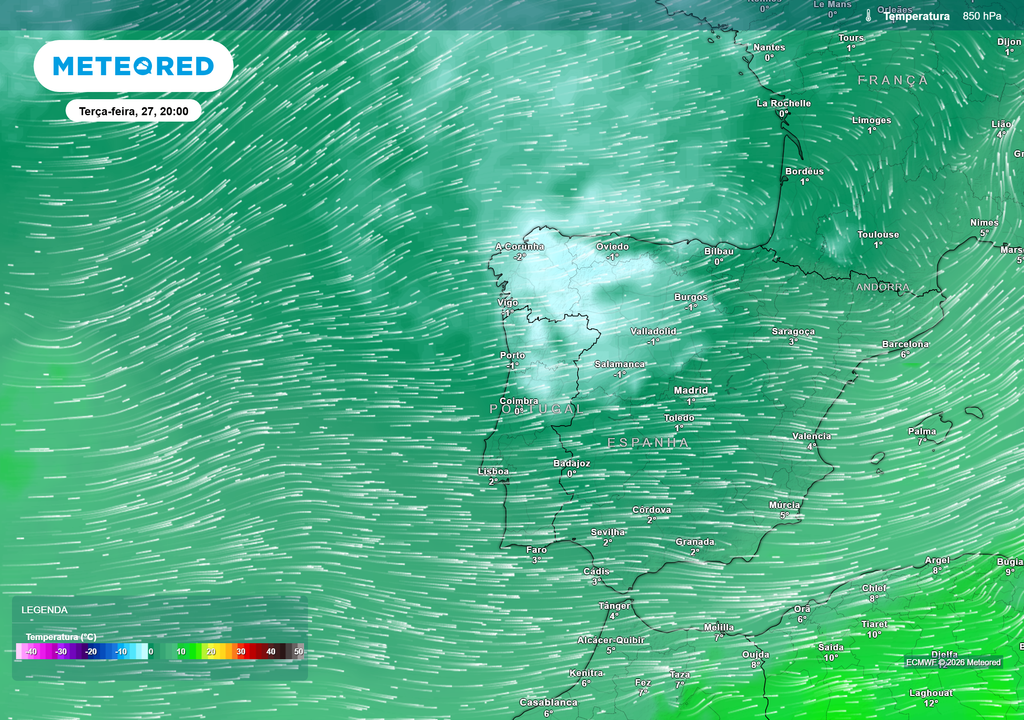 Entrada de ar polar faz diminuir as temperaturas na baixa atmosfera (850 hPa). O mapa revela a massa de ar frio a cobrir o território, com valores negativos no Norte e Centro.