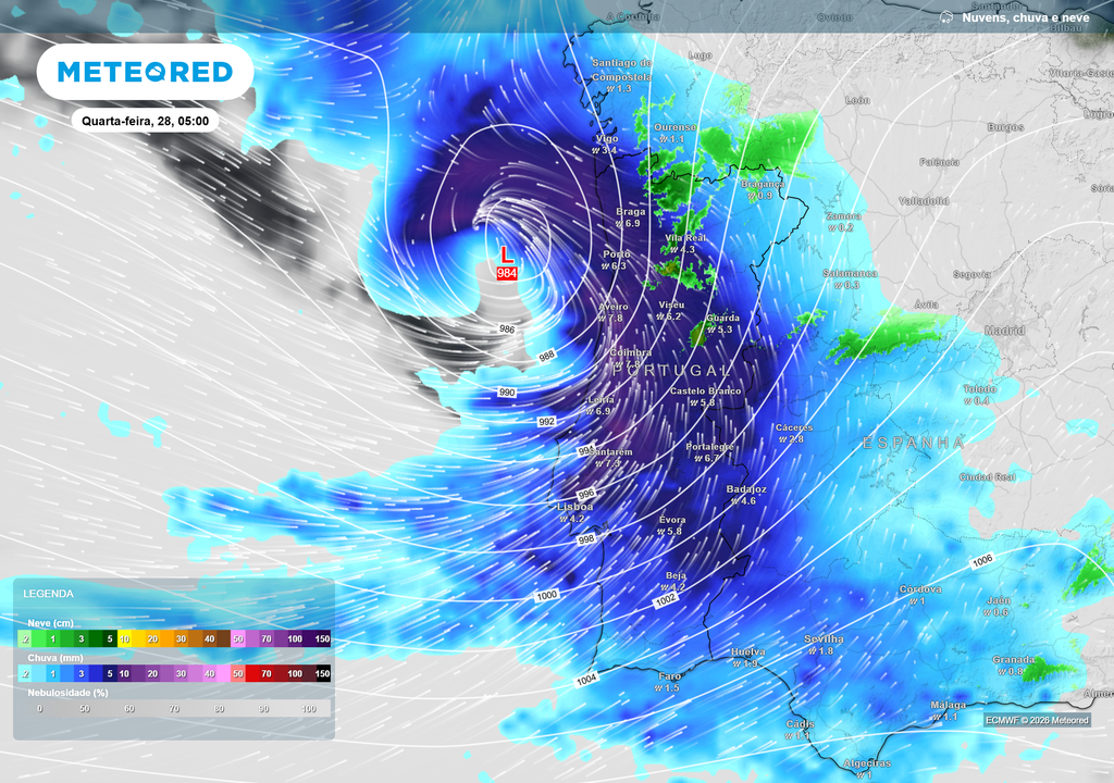 Chuva intensa na madrugada de quarta-feira, 28 de janeiro, associados a um núcleo depressionário em rápida intensificação. Entre as 3h e as 8h, a precipitação será generalizada e localmente forte, com acumulados muito elevados no Norte e Centro.