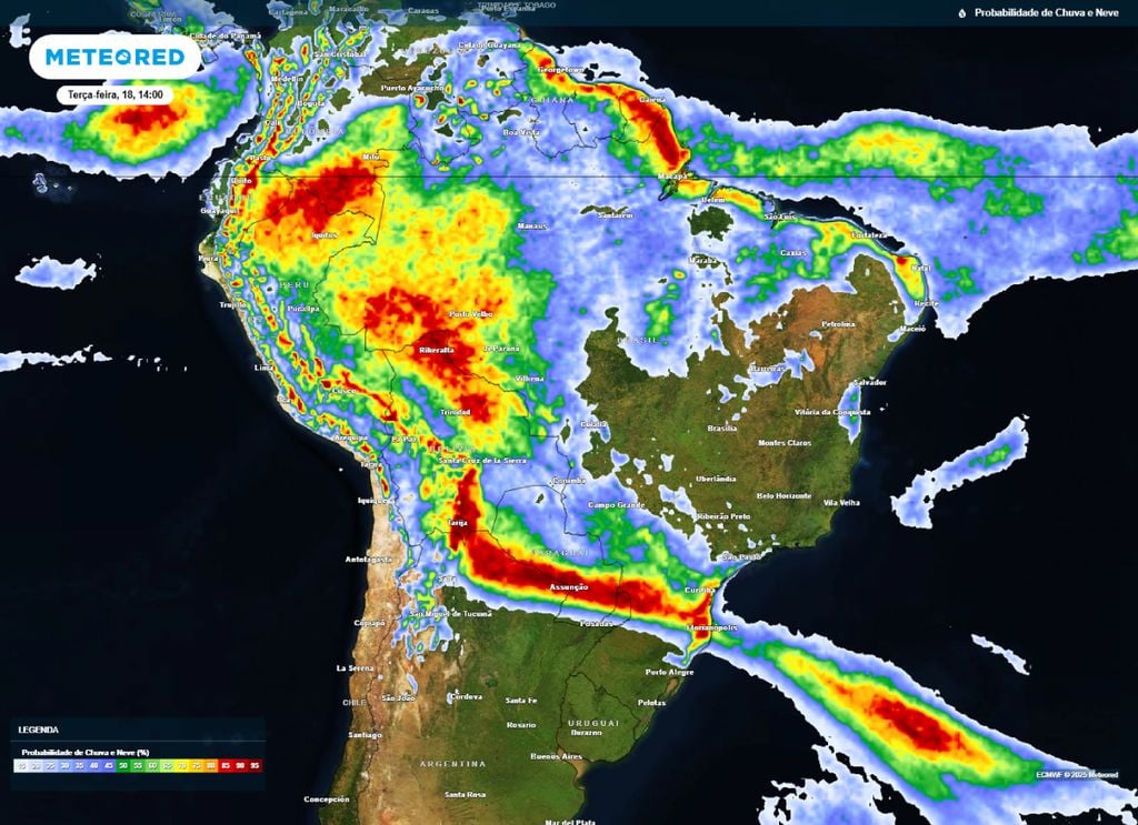 Previsão de probabilidade de chuva na terça-feira (18) durante a tarde ilustra áreas com maior risco de serem atingidas por tempestades severas.