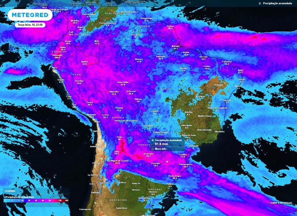 Previsão do acumulado de chuva entre a segunda-feira (17) e terça-feira (18).