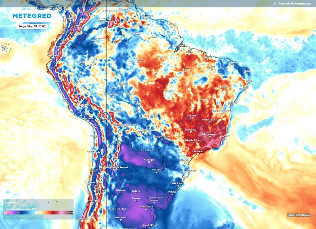 Anomalia de temperatura horária para a tarde de terça-feira (18).