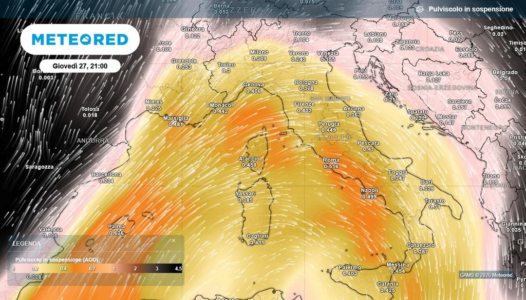 Polvere sahariana sull'Italia, irruzione massiccia giovedì 27 agosto 2026.