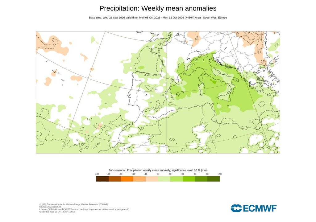 Mapa de anomalia de precipitação na semana de 5 a 12 de outubro. Possivelmente, somente a Madeira e uma pequena área do interior de Portugal continental é que poderiam registar valores de pluviosidade acima do normal.