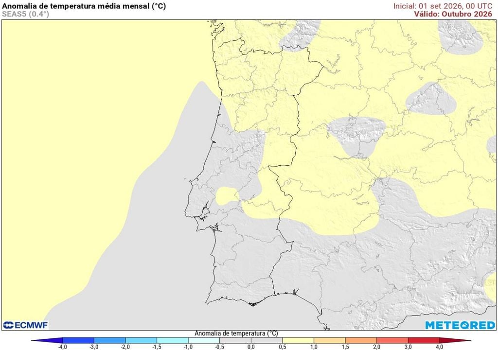 O modelo europeu indica que, no conjunto do mês de outubro, as temperaturas poderão ser ligeiramente acima da média em algumas zonas (até 1 ºC), situando-se dentro do normal no resto do território continental.