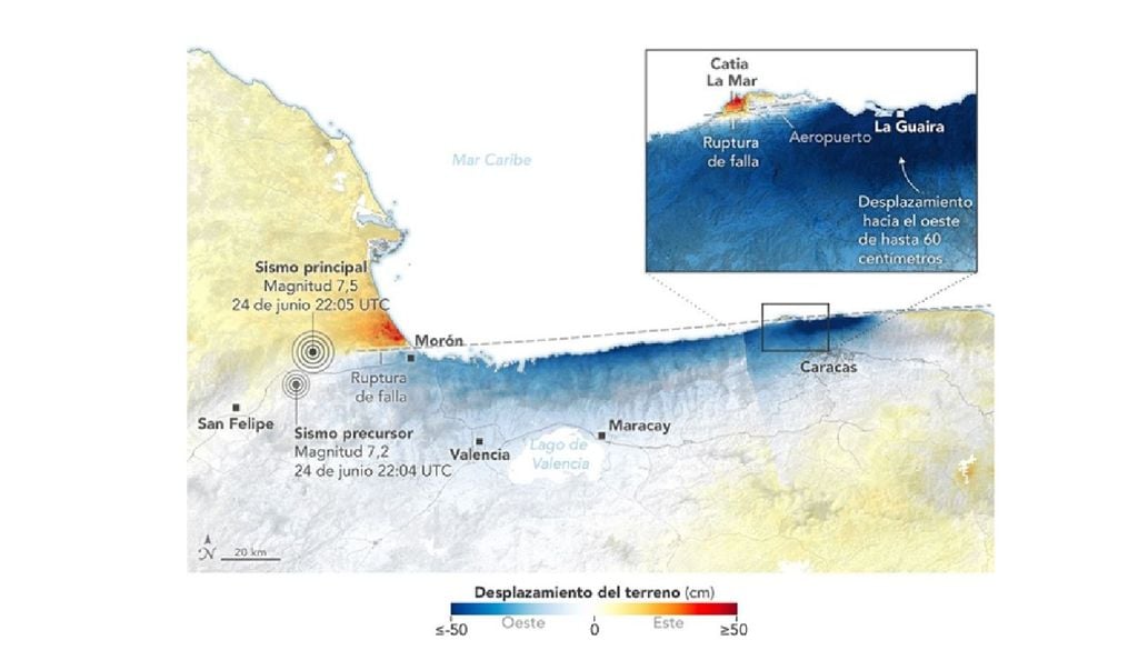 doblete sísmico Venezuela 2026 Mapa elaborado a partir de datos del Radar de Apertura Sintética de NASA-ISRO (NISAR) adquiridos los días 25 y 30 de junio (después de los terremotos) y 13 y 18 de junio (antes de los terremotos). Créditos: Observatorio de la Tierra de la NASA/Lauren Dauphin