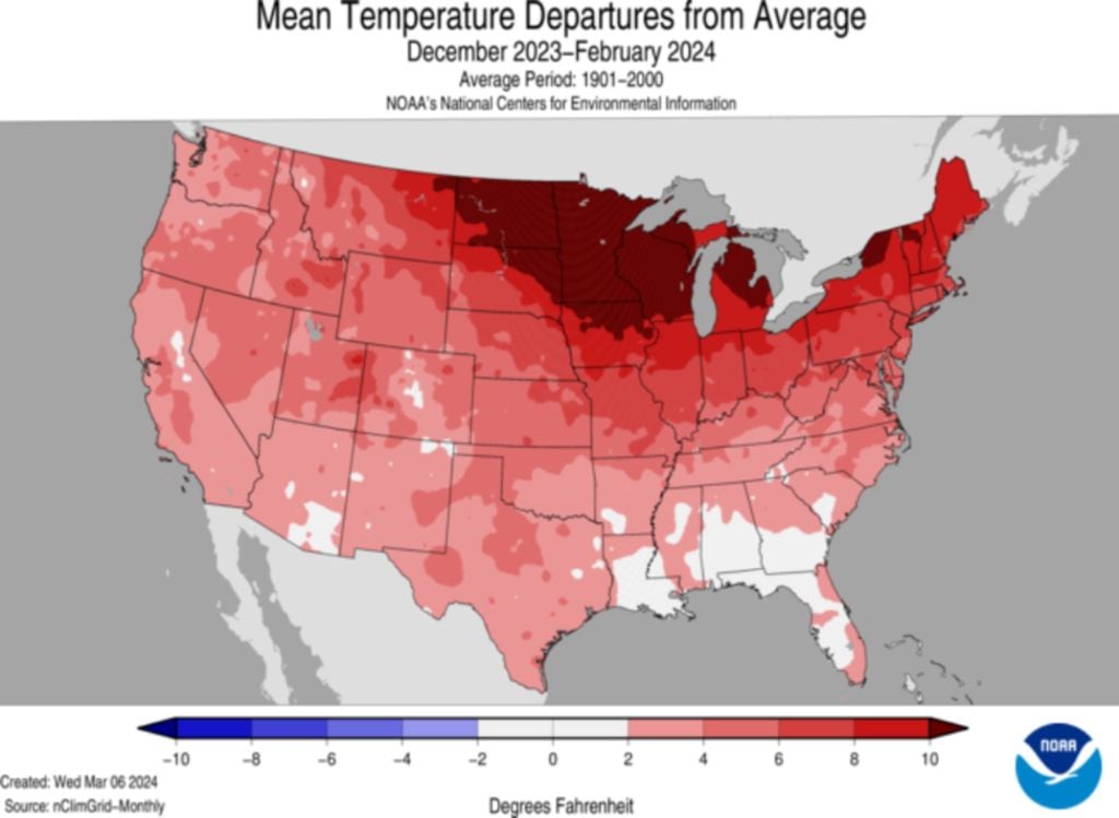 The shades of red on this map mark areas that had above average temperatures this past winter.