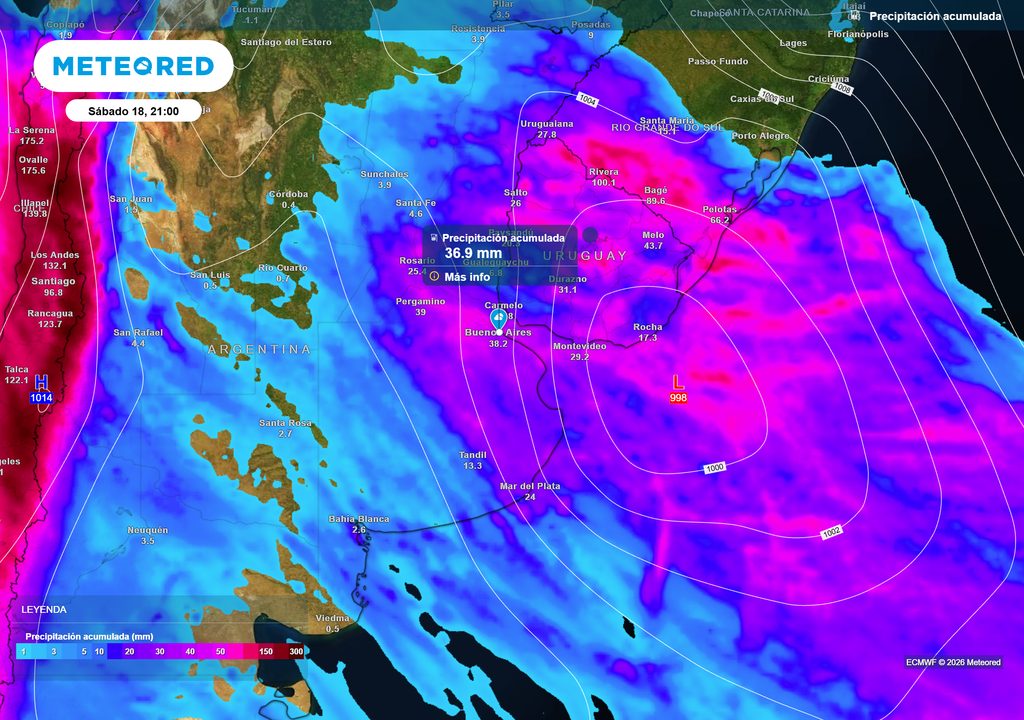 Precipitación acumulada según el modelo ECMWF sábado 18 de Julio a las 21 h en Buenos Aires.