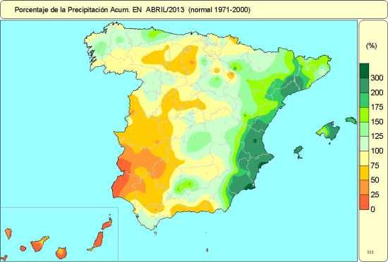 Porcentaje de las precipitaciones acumuladas en abril 2013 Porcentaje de las precipitaciones acumuladas en abril 2013