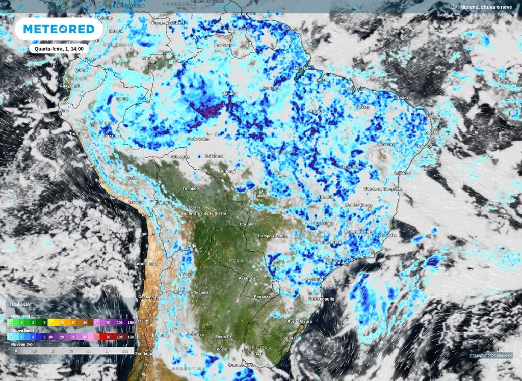 Precipitação prevista para a tarde desta quarta-feira (1), segundo o modelo ECMWF.