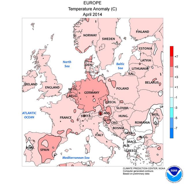 Figura1. Mapa de anomalías térmicas respecto a los valores normales para abril de 2014. Destacan los valores de anomalías positivas en toda Europa.