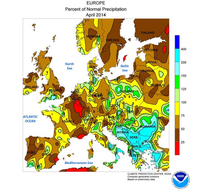 Figura 2. Porcentaje de precipitación respecto a lo normal para abril de 2014. La península Ibérica destaca por su deficit de precipitación así como otras regiones de Centro Europa.