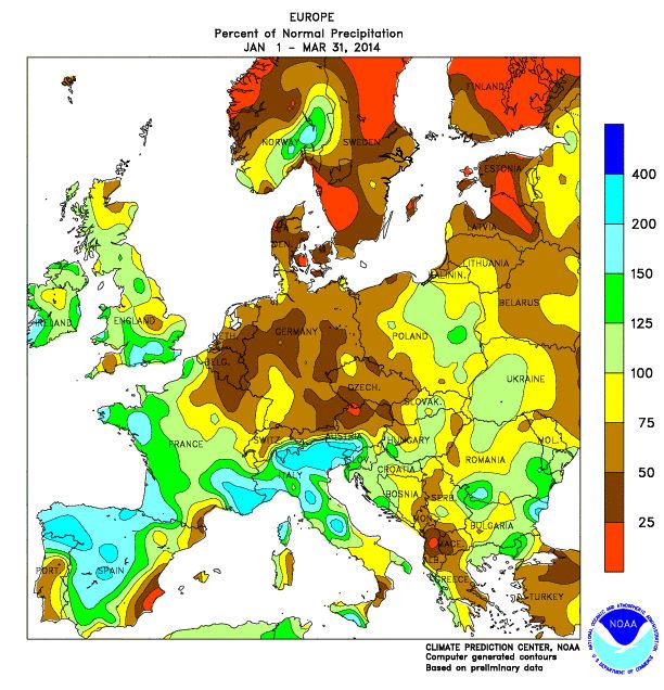 Figura 4. Porcentaje de precipitación respecto a lo normal para enero-marzo de 2014. La península Ibérica destaca por su déficit de precipitación así como otras regiones de centro Europa.