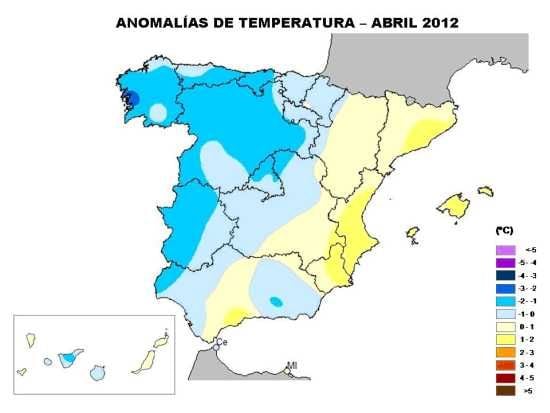 Abril, Más Húmedo De Lo Normal Y Algo Más Fresco (2012) Anomalía de temperatura abril 2012