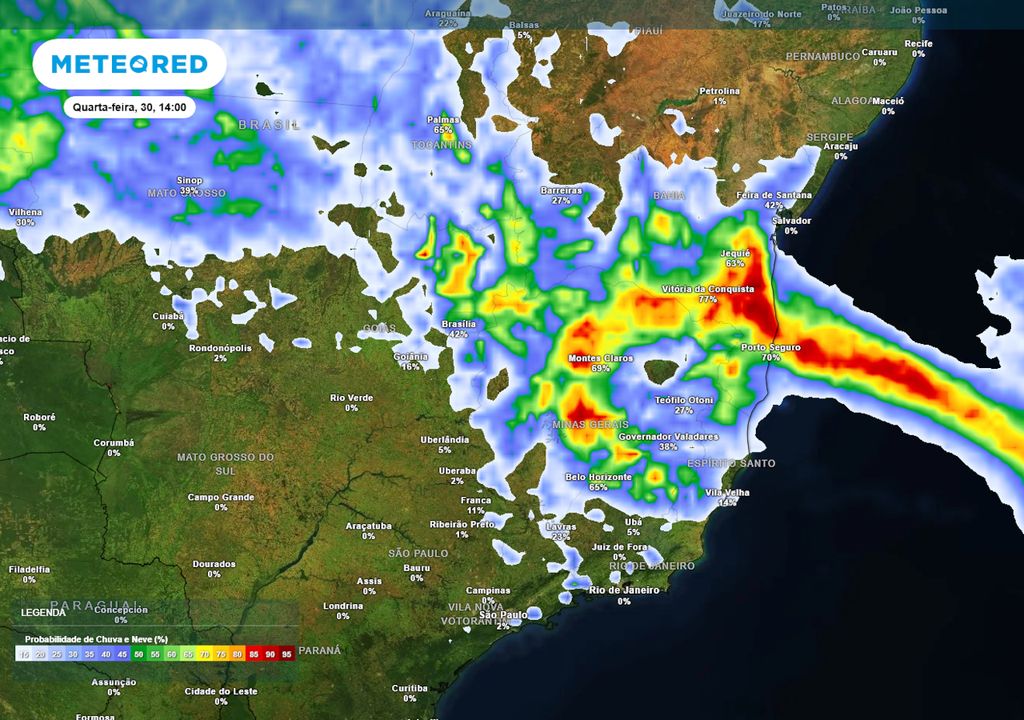 Previsão de probabilidade de chuva na quarta-feira durante a tarde.