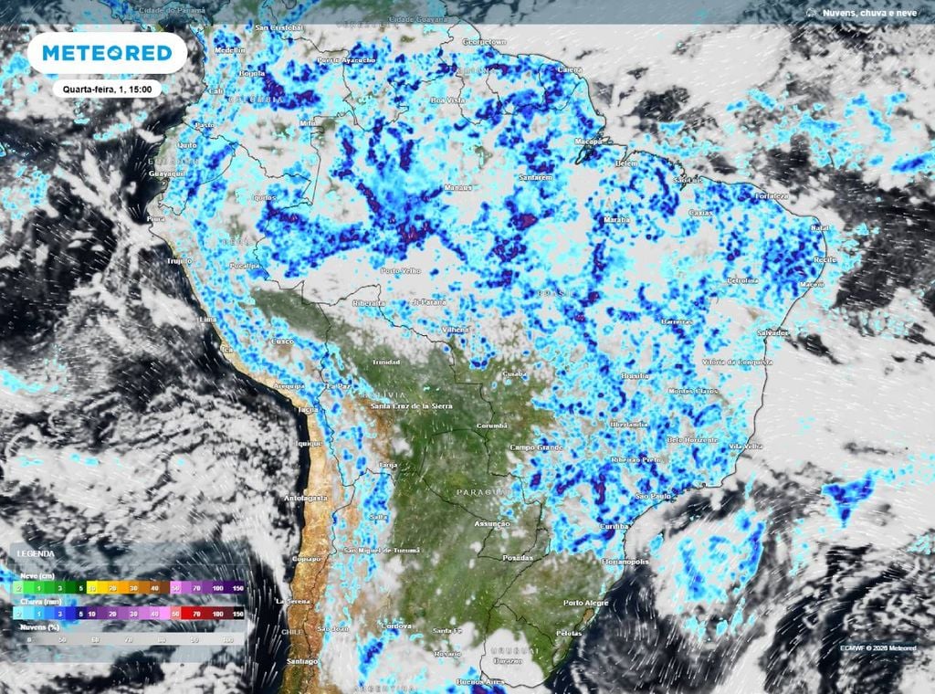 Previsão de precipitação (em mm) e nebulosidade para quarta-feira (1º) à tarde (15h), segundo o modelo europeu ECMWF.