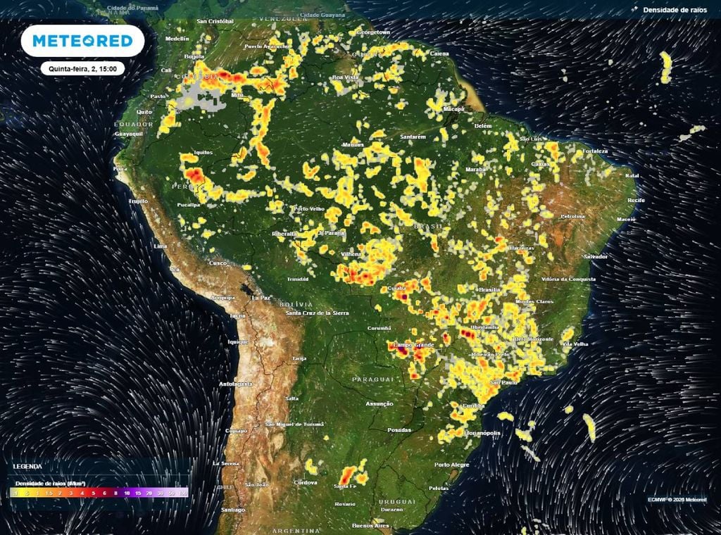 Previsão de densidade de raios para quinta-feira (2) à tarde (15h), segundo o modelo europeu ECMWF.