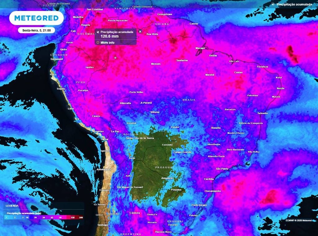 Previsão do acumulado de precipitação (em mm) entre hoje (30) e a sexta-feira (3) à noite (21h), segundo o modelo europeu ECMWF.