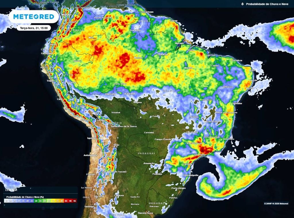 Previsão da probabilidade de precipitação (%) para terça-feira 931) à tarde 915h), segundo o modelo europeu ECMWF.