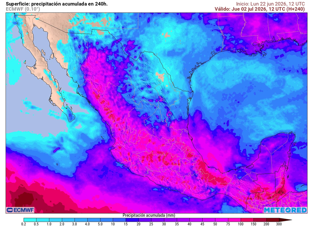 Pronóstico de lluvias acumuladas en milímetros Estados del oriente, centro, sur, occidente y noroeste en la Sierra Madre tendrán lluvias fuertes a torrenciales superando 70 mm con granizo e inundaciones.