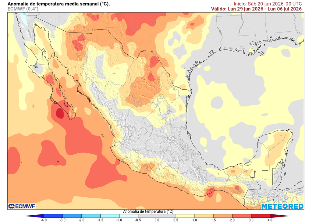 Anomalía de temperaturas del 29 de junio al 6 de julio Estados del norte, Pacífico, Golfo de México y sureste tendrán más calor del habitual, mientras el Altiplano se mantendrá fresco a templado.