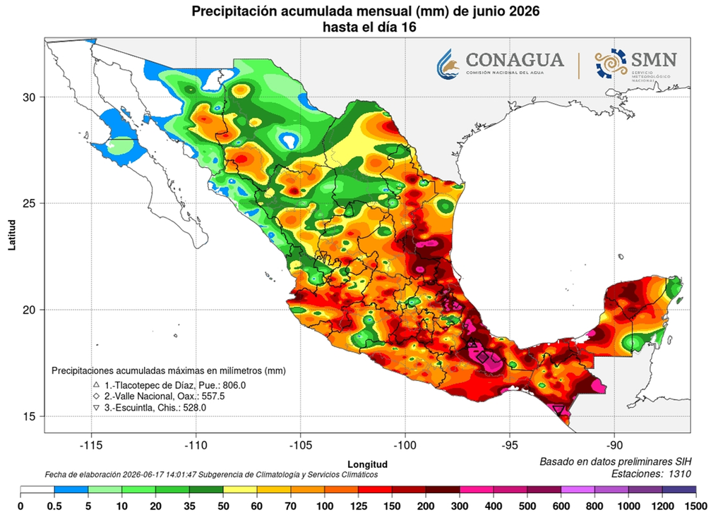 Acumulado de lluvias mensual hasta el 16 de junio Gran parte de México ha recibido lluvias este mes, concentrándose en el noreste, oriente, centro, sur y sureste con más de 100 mm, limitando la sequía.