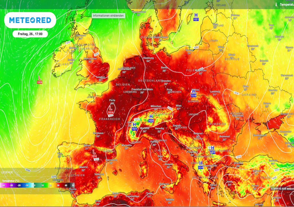 Gluthitze, Kontinent, Europa Temperaturen, Thermometer, 40 Grad Gluthitze auf dem Kontinent: Weite Teile Europas erleben am Freitag außergewöhnliche Temperaturen, lokal steigt das Thermometer auf über. 40 Grad