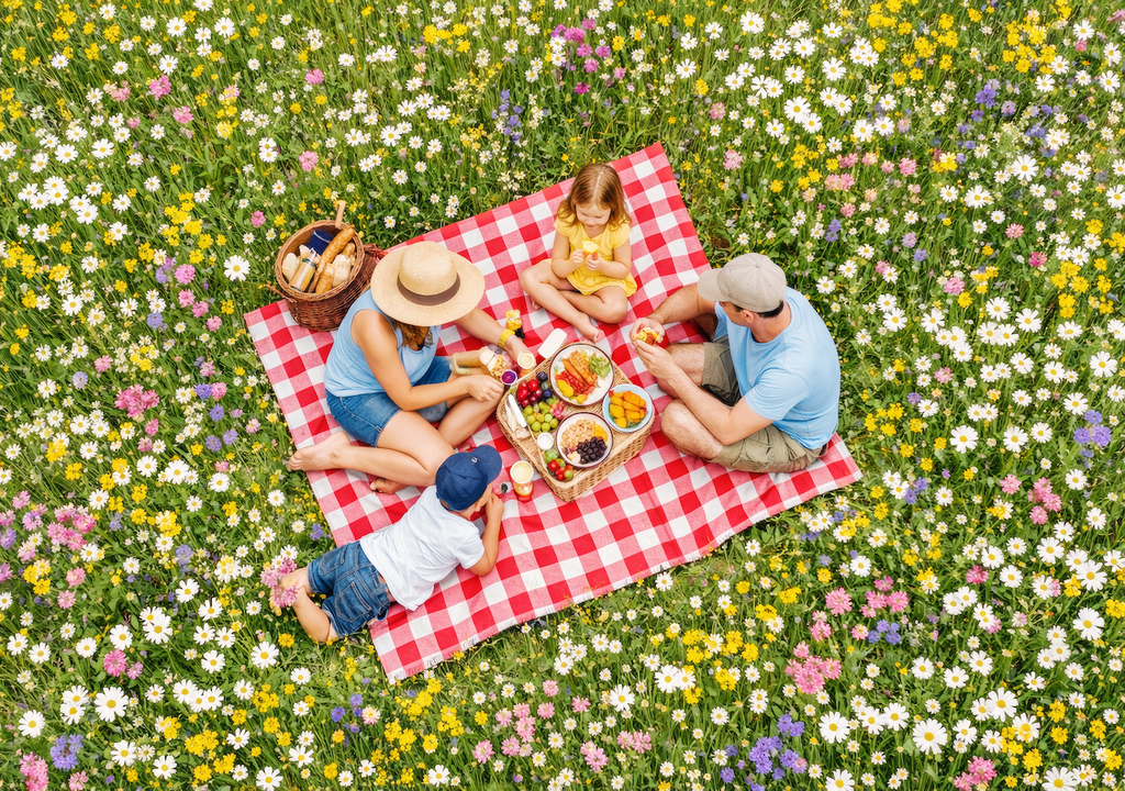 Eine Familie picknickt inmitten einer blühenden Wildblumenwiese – ein Sinnbild für naturnahe Gärten, die nur mit der richtigen Aussaat zur richtigen Zeit dauerhaft gelingen.