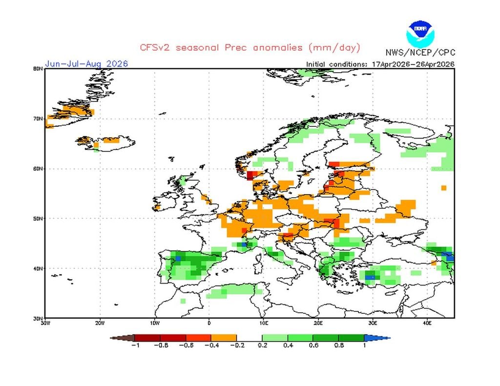 Die Niederschlagsanomalien für den Sommer 2026: Es könnte in Deutschland recht trocken werden...auch heiß?
