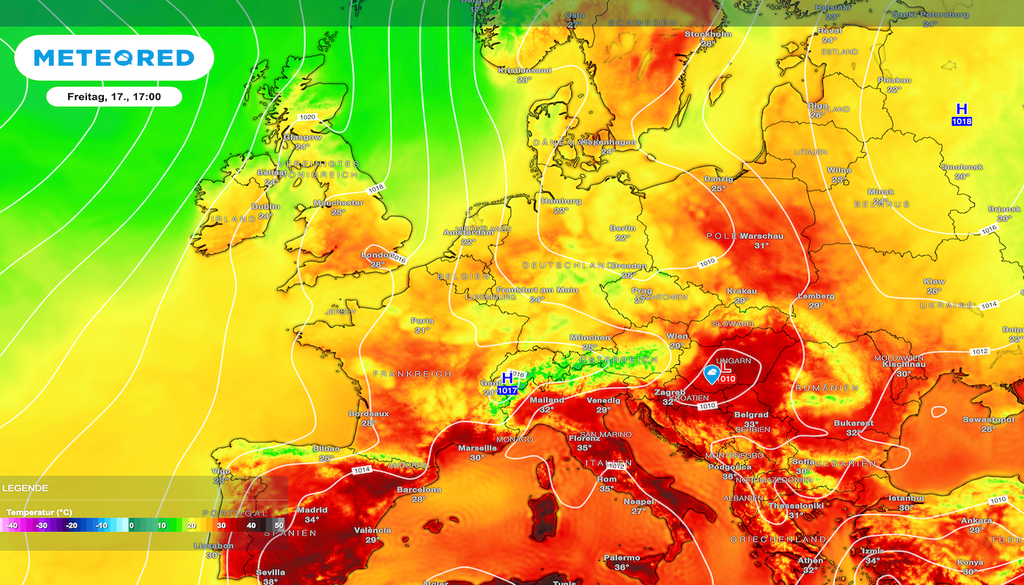 Noch liegen über Deutschland sommerliche Luftmassen mit 25 bis 30 Grad, doch die Druckverteilung über Europa signalisiert bereits den bevorstehenden Wetterumschwung mit Gewittern und deutlich kühlerer Luft zum Wochenende.