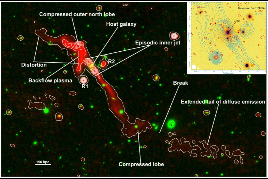 Um jato relativístico foi observado em uma galáxia que tinha buraco negro inativo por 100 milhões de anos. Crédito: Kumari et al. 2026