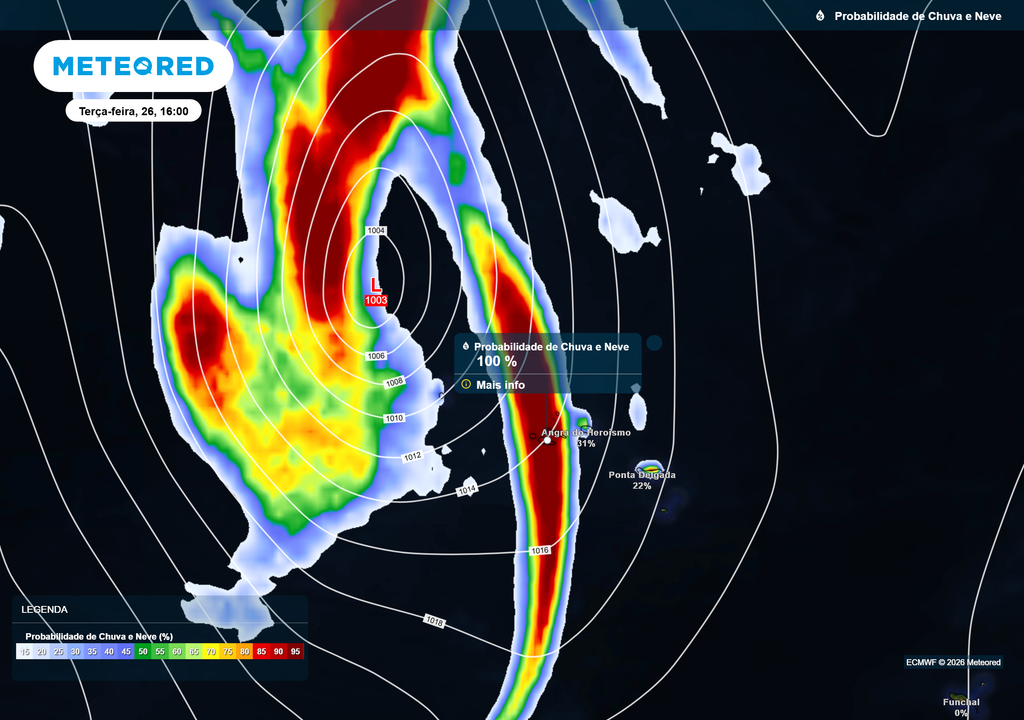 probabilidade de chuva Entre hoje, terça-feira, e sexta, o arquipélago dos Açores poderá ser afetado pela passagem de vários centros depressionários.