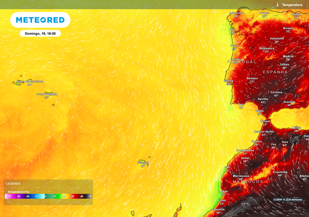 Temperatura - domingo, 19 de julho, às 16h As temperaturas máximas deverão variar pouco até domingo, situando-se geralmente entre os 24 ºC e os 25 ºC nos Açores e entre os 25 ºC e os 26 ºC na Madeira.