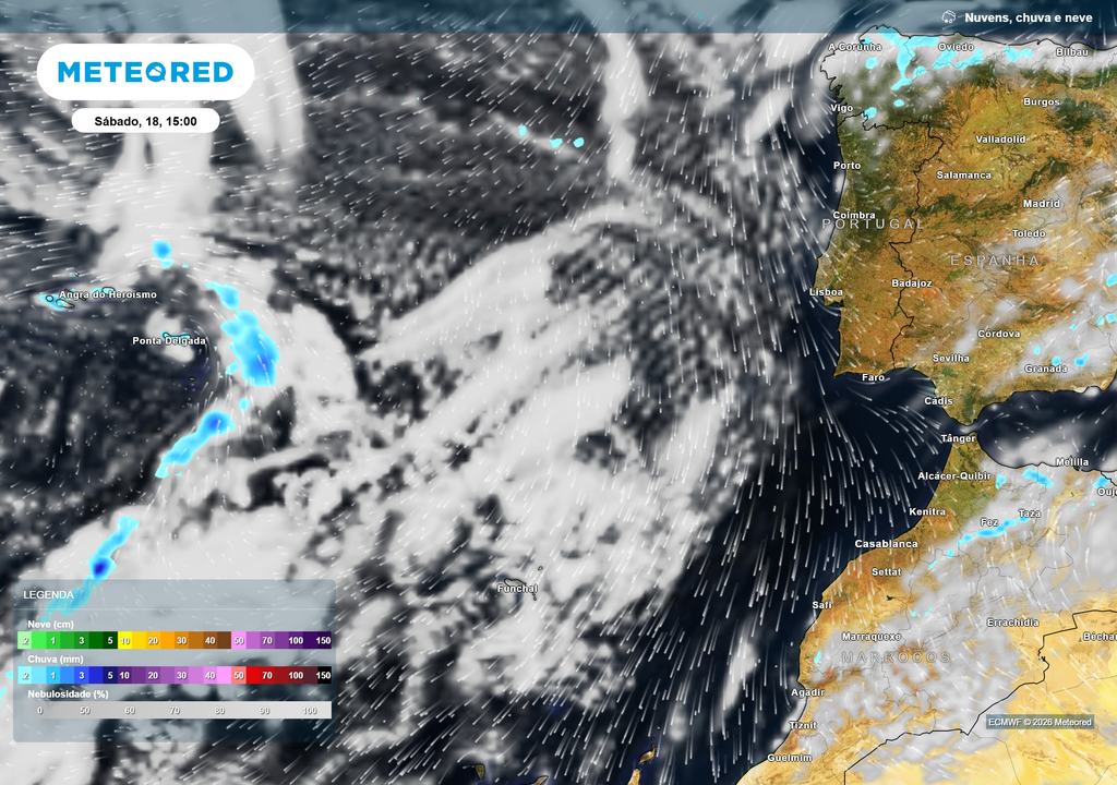 Nebulosidade e precipitação - sábado, 18 de julho, às 15h Na Madeira deverá predominar um tempo estável, com alguma nebulosidade e baixa probabilidade de precipitação.