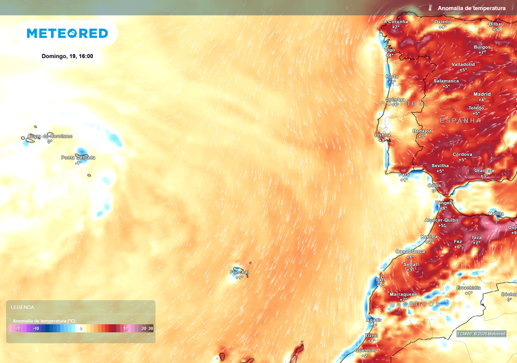 Anomalia da temperatura - domingo, 19 de julho, às 16h Os Açores deverão apresentar temperaturas próximas da média para a época, enquanto na Madeira são esperadas anomalias ligeiramente positivas.