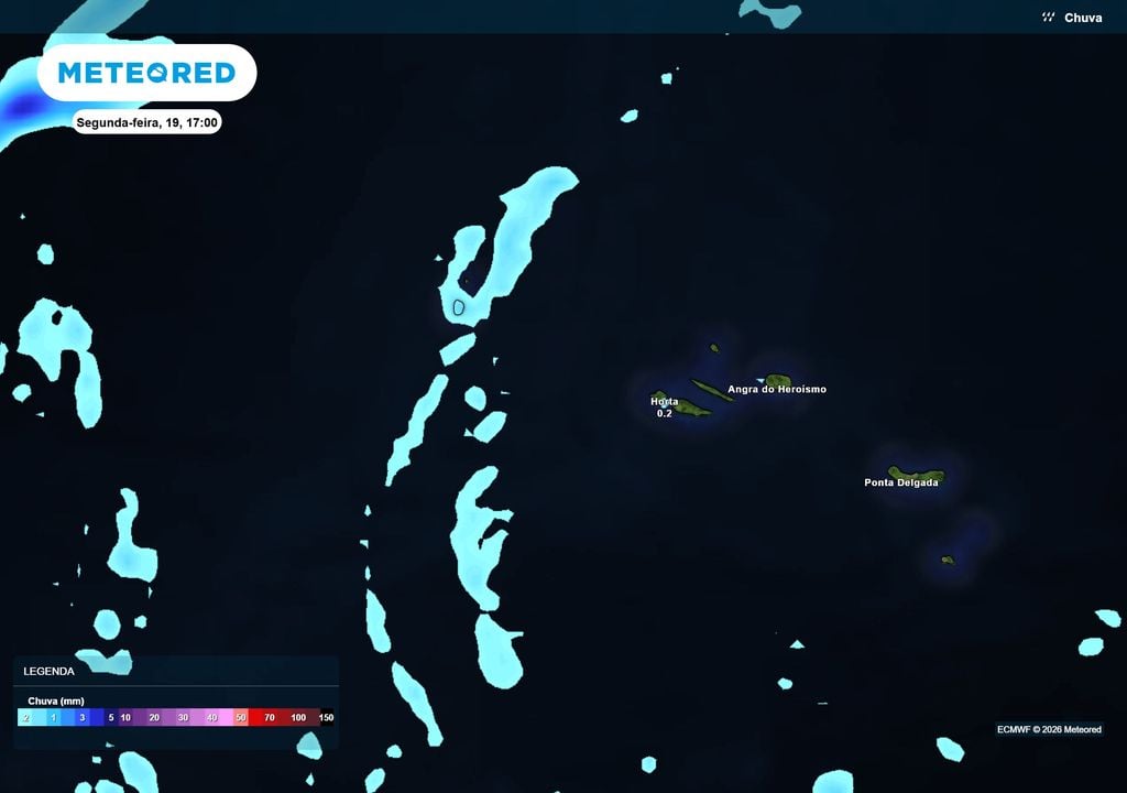 Previsão de precipitação e nebulosidade no Arquipélago dos Açores Previsão de precipitação e nebulosidade no Arquipélago dos Açores para segunda-feira, 19 de outubro, às 17:00. Fonte: Modelo ECMWF / Meteored