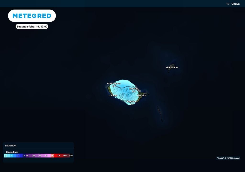Previsão de chuva e nebulosidade na ilha da Madeira e Porto Santo Previsão de chuva e nebulosidade na ilha da Madeira e Porto Santo para segunda-feira, 19 de outubro, às 17:00. Fonte: Modelo ECMWF / Meteored