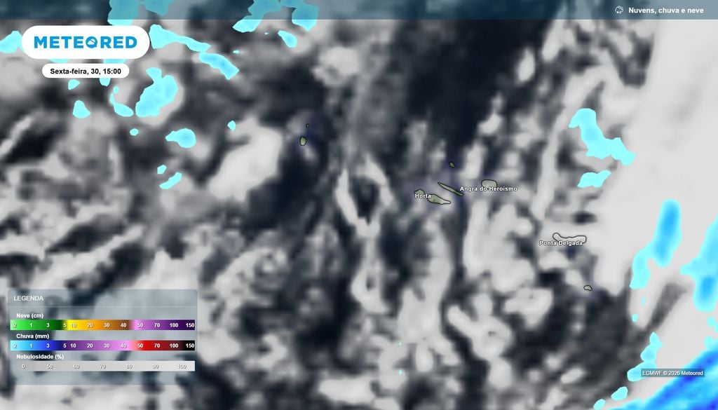 Nebulosidade e precipitação nos Açores, esta sexta-feira, com nuvens em todas as ilhas Nebulosidade e precipitação nos Açores, esta sexta-feira, com nuvens em todas as ilhas. Fonte: Modelo ECMWF / Meteored