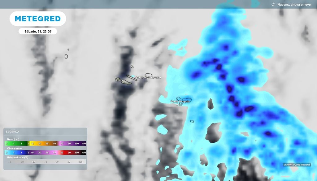 Previsão de chuva no Arquipélago dos Açores para sábado, 31 de outubro, às 23:00, assinalando a ocorrência de chuva na noite de Halloween no Grupo Oriental Previsão de chuva no Arquipélago dos Açores para sábado, 31 de outubro, às 23:00, assinalando a ocorrência de chuva na noite de Halloween no Grupo Oriental. Fonte: Modelo ECMWF / Meteored